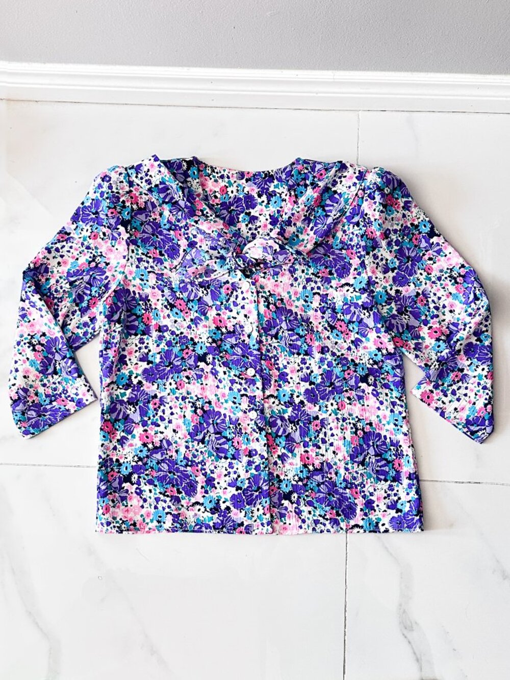 Vintage ORITE Purple Pink Turquoise Floral Print Mid Sleeve Bowknot Collar Shirt